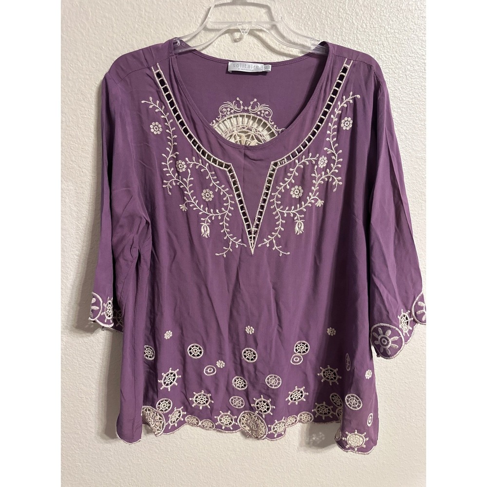 Solitaire By Ravi Khosla Purple Embroidered 3/4 Sleeve Tunic Top XL